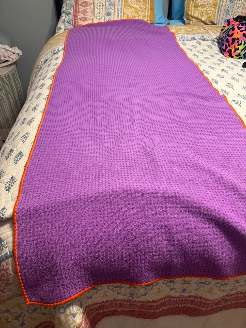 Purple extra long hot yoga towel with slip proof bottom